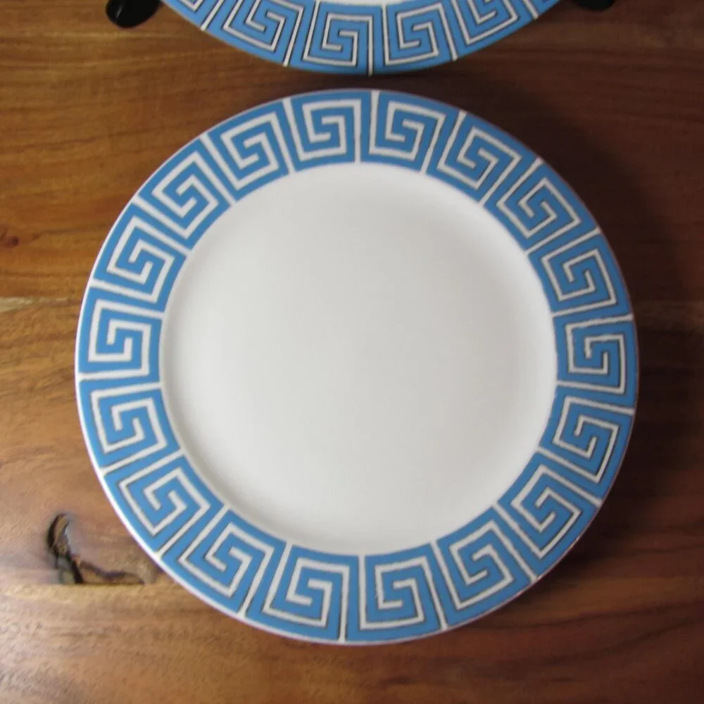 Jonathan Adler silver & blue greek key salad plates - pair of 2 (W5108)